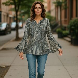 N-Touch -Elegant Gray Paisley Women's Top or Mini-Dress Med-P2P 16" EUC